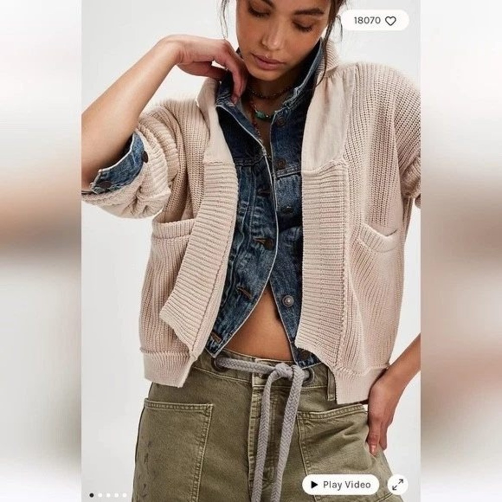 We The Free Cardigan Women Small Beige Cotton Elbow Patch Chunky Knit Sweater